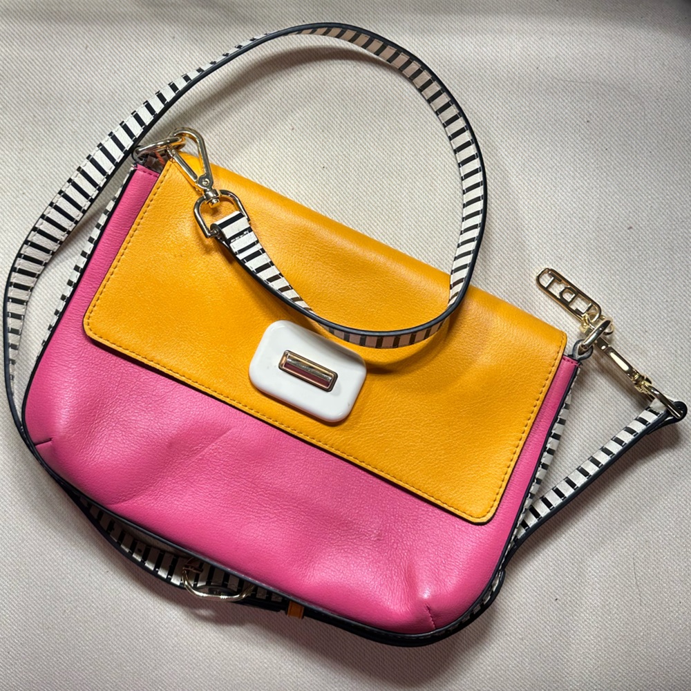 LDT Jill Leather Baguette Pink Orange Multi With Black & White Striped Trim~ NWT